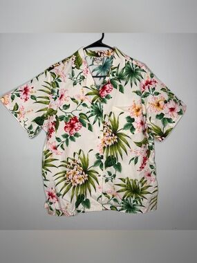 GO BAREFOOT Womens Hawaiian S/S Button Shirt XL Beige Floral Hibiscus Tropical
